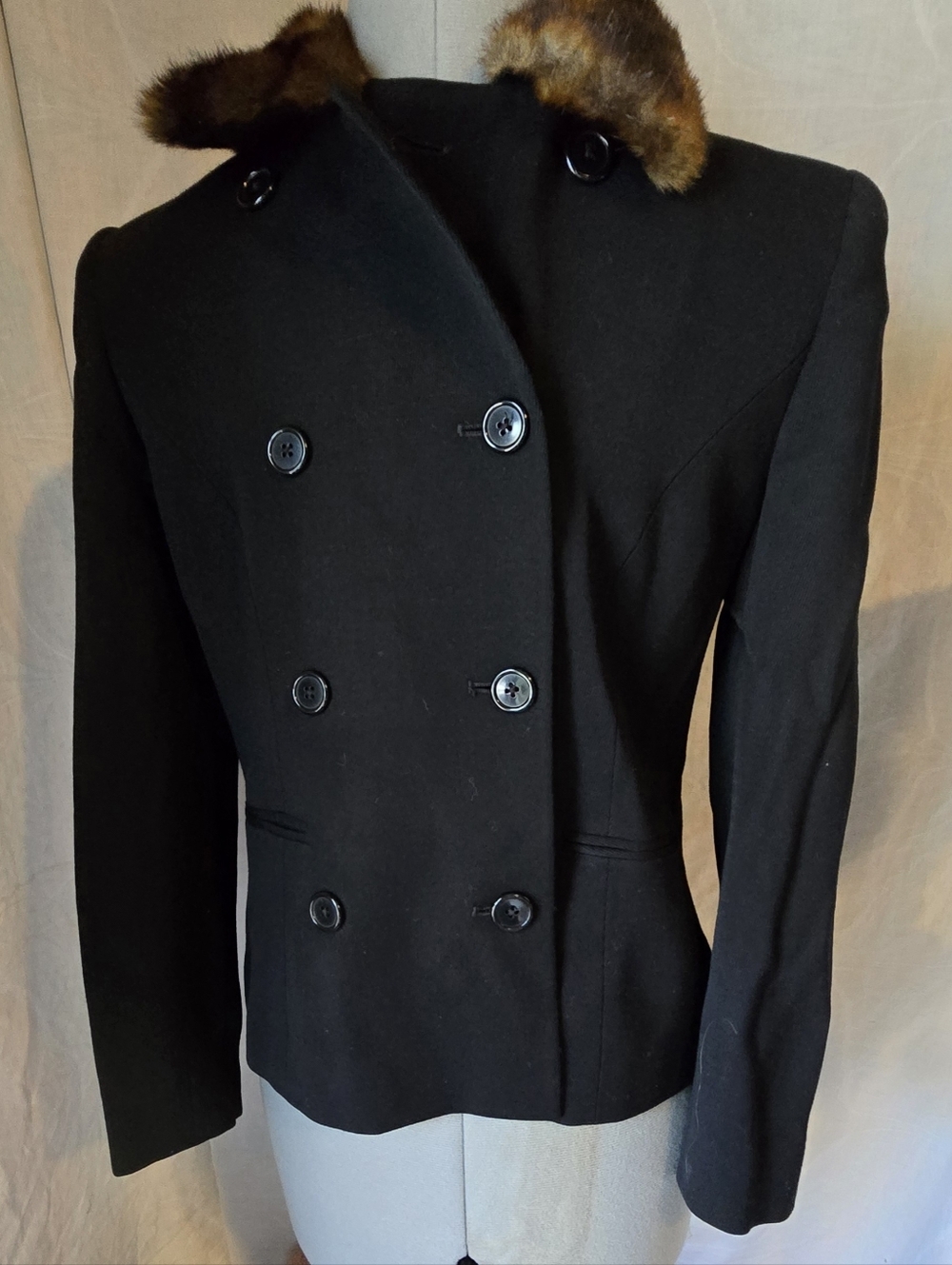 Womens Wool Black Double-Breasted Jacket with Brown Faux Fur Collar